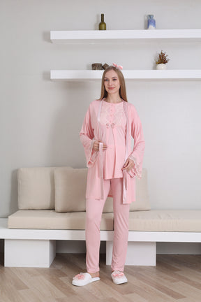 Guipure Collar 3-Piece Maternity-Nursing Pajama & Robe Set Salmon - 3433