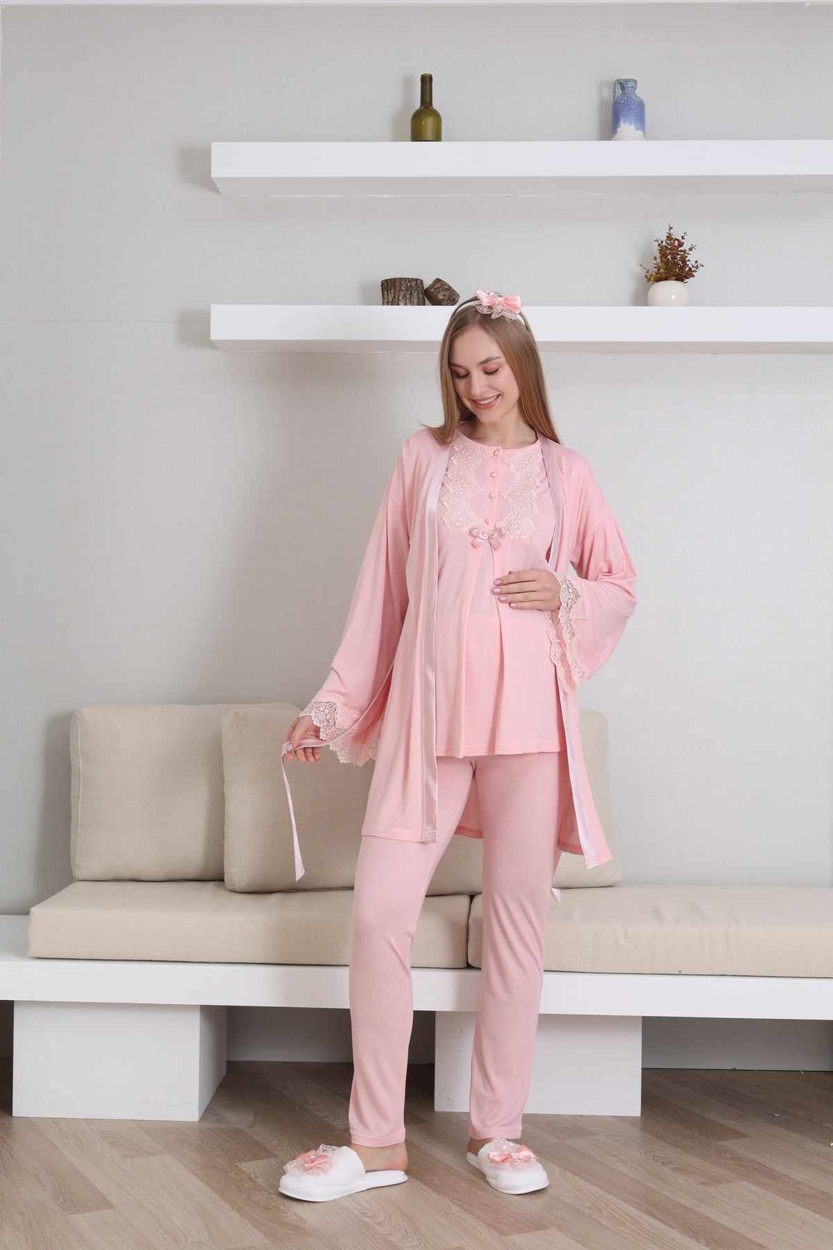 Guipure Collar 3-Piece Maternity-Nursing Pajama & Robe Set Salmon - 3433