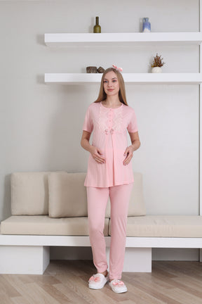 Guipure Collar 3-Piece Maternity-Nursing Pajama & Robe Set Salmon - 3433