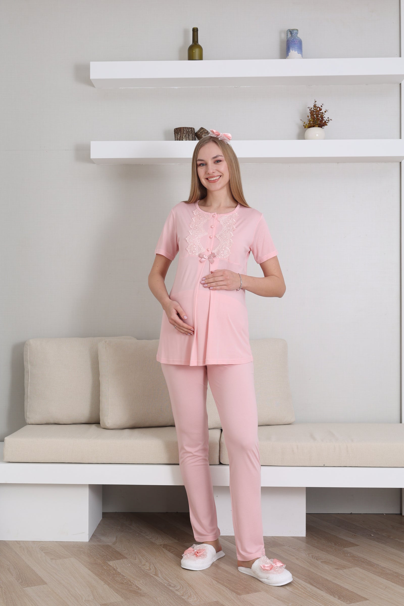 Guipure Collar 3-Piece Maternity-Nursing Pajama & Robe Set Salmon - 3433