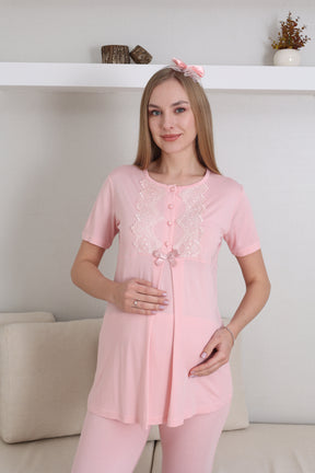 Guipure Collar 3-Piece Maternity-Nursing Pajama & Robe Set Salmon - 3433