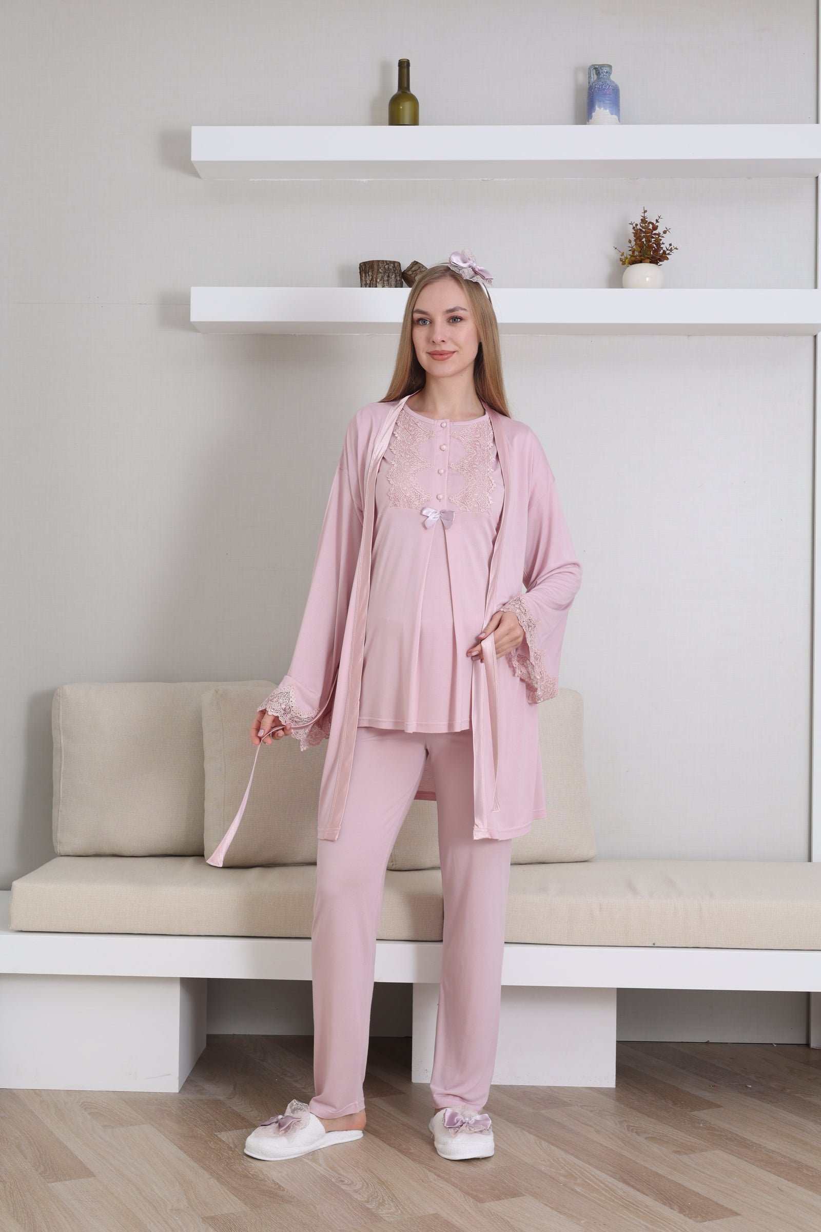 Guipure Collar 3-Piece Maternity-Nursing Pajama & Robe Set Powder - 3433