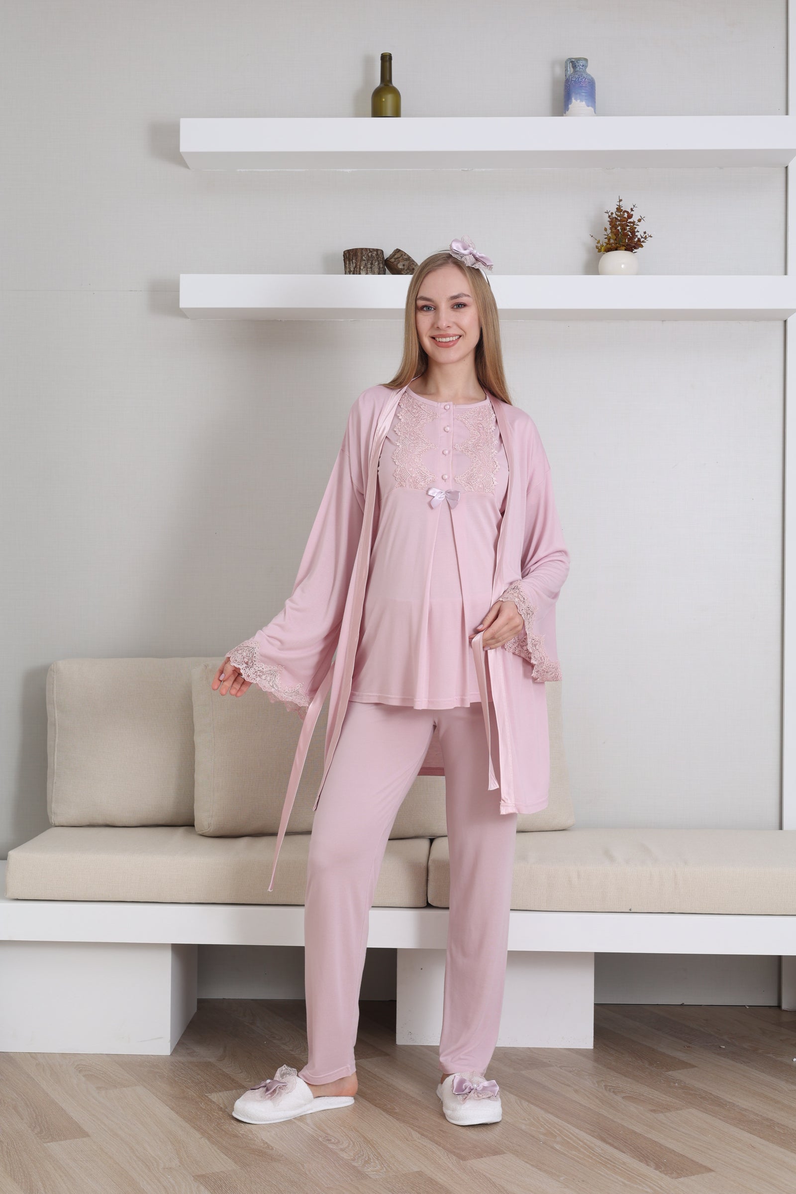 Guipure Collar 3-Piece Maternity-Nursing Pajama & Robe Set Powder - 3433