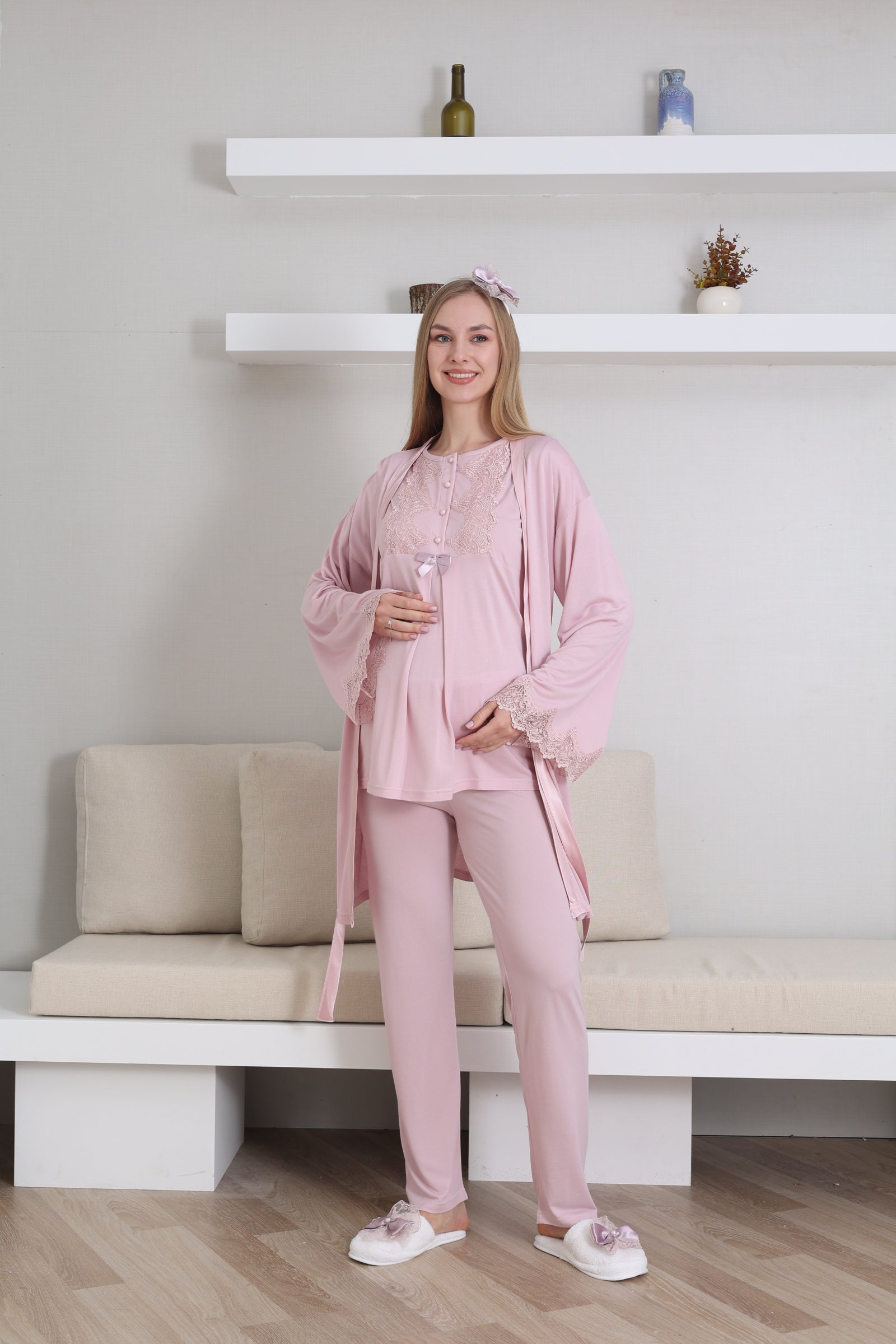 Guipure Collar 3-Piece Maternity-Nursing Pajama & Robe Set Powder - 3433