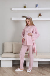 Guipure Collar 3-Piece Maternity-Nursing Pajama & Robe Set Powder - 3433