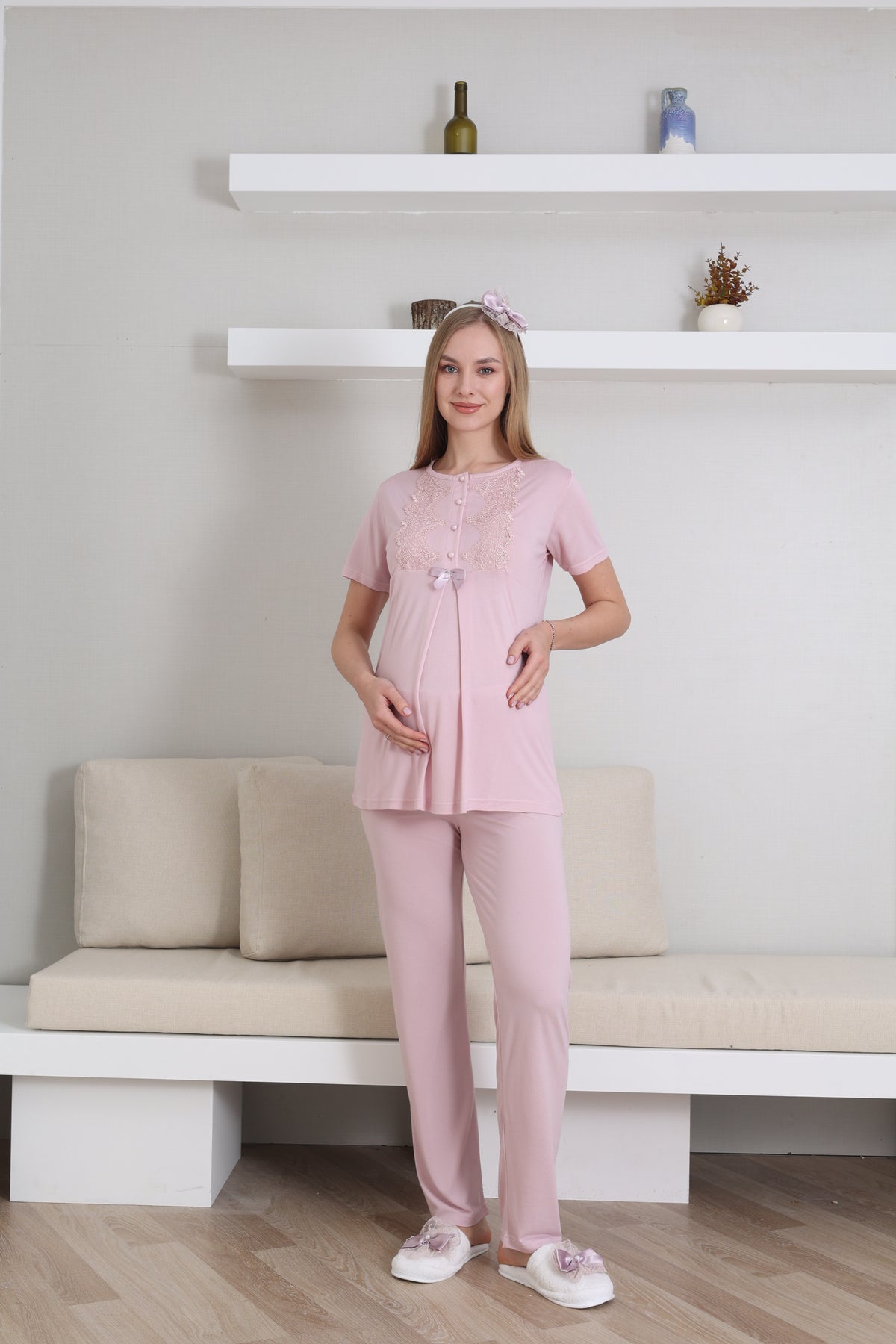 Guipure Collar 3-Piece Maternity-Nursing Pajama & Robe Set Powder - 3433