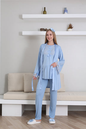 Guipure Collar 3-Piece Maternity-Nursing Pajama & Robe Set Blue - 3433