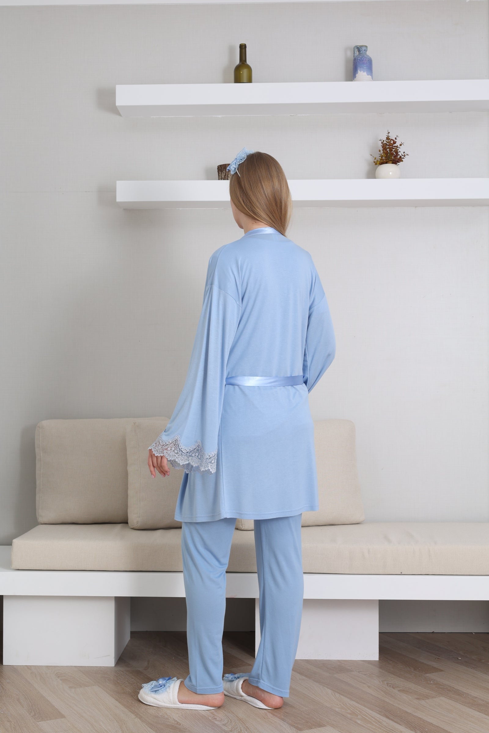 Guipure Collar 3-Piece Maternity-Nursing Pajama & Robe Set Blue - 3433