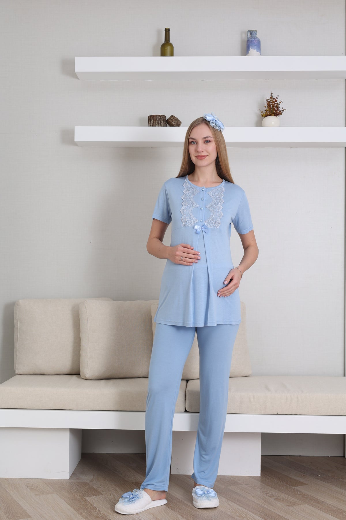 Guipure Collar 3-Piece Maternity-Nursing Pajama & Robe Set Blue - 3433