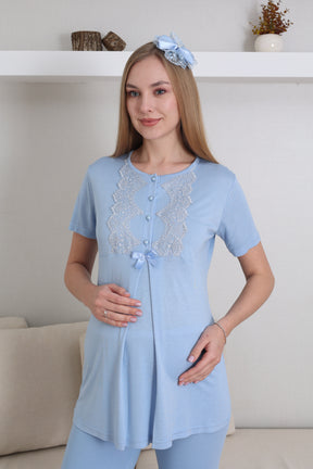 Guipure Collar 3-Piece Maternity-Nursing Pajama & Robe Set Blue - 3433