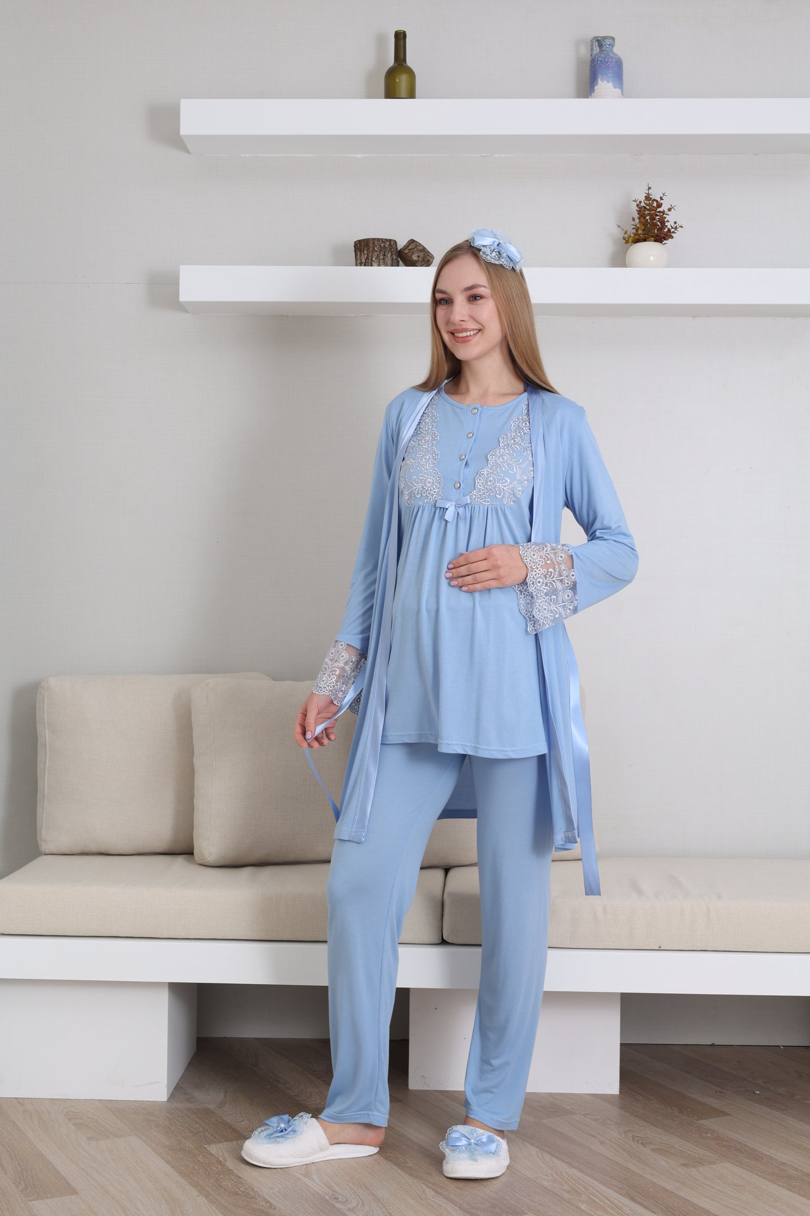 Lace Sleeve 3-Piece Maternity-Nursing Pajama & Robe Set Blue - 3434