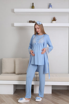 Lace Sleeve 3-Piece Maternity-Nursing Pajama & Robe Set Blue - 3434