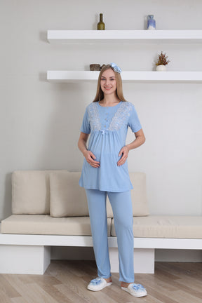 Lace Sleeve 3-Piece Maternity-Nursing Pajama & Robe Set Blue - 3434