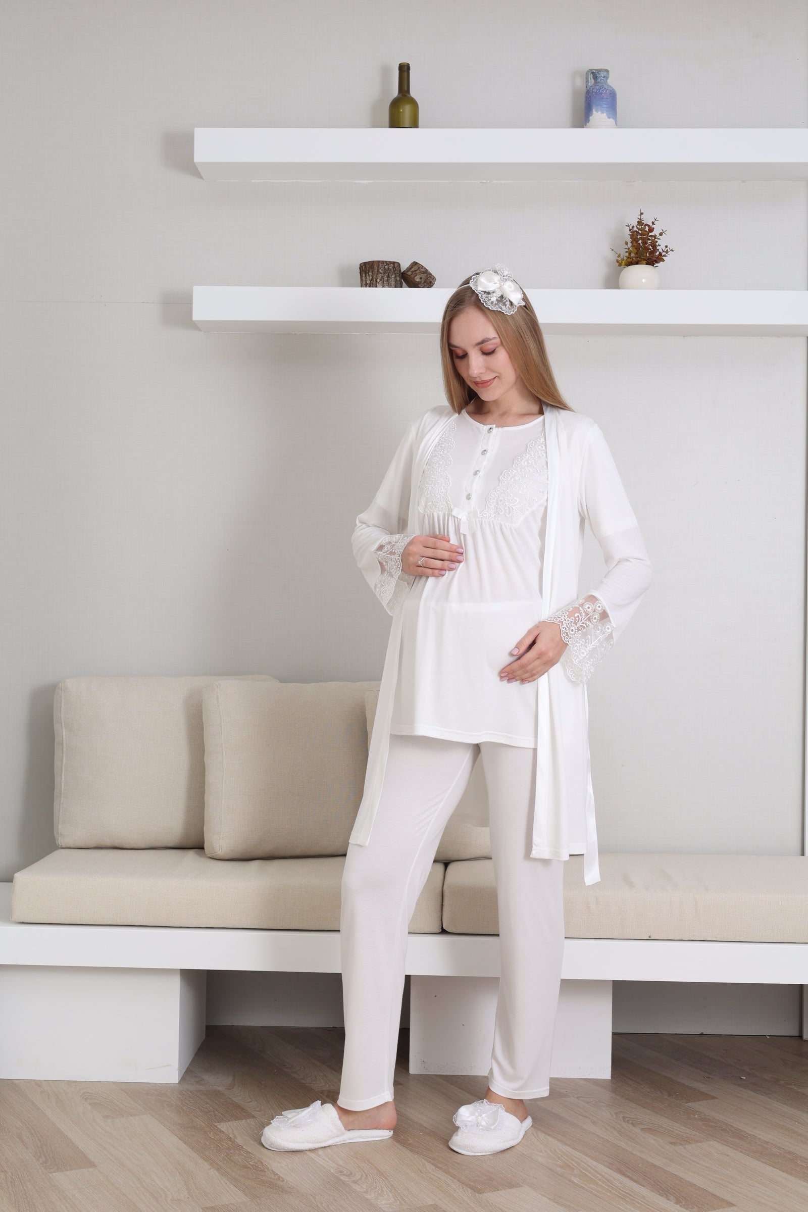 Lace Sleeve 3-Piece Maternity-Nursing Pajama & Robe Set Ecru - 3434