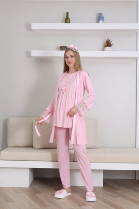 Lace Sleeve 3-Piece Maternity-Nursing Pajama & Robe Set Pink - 3434