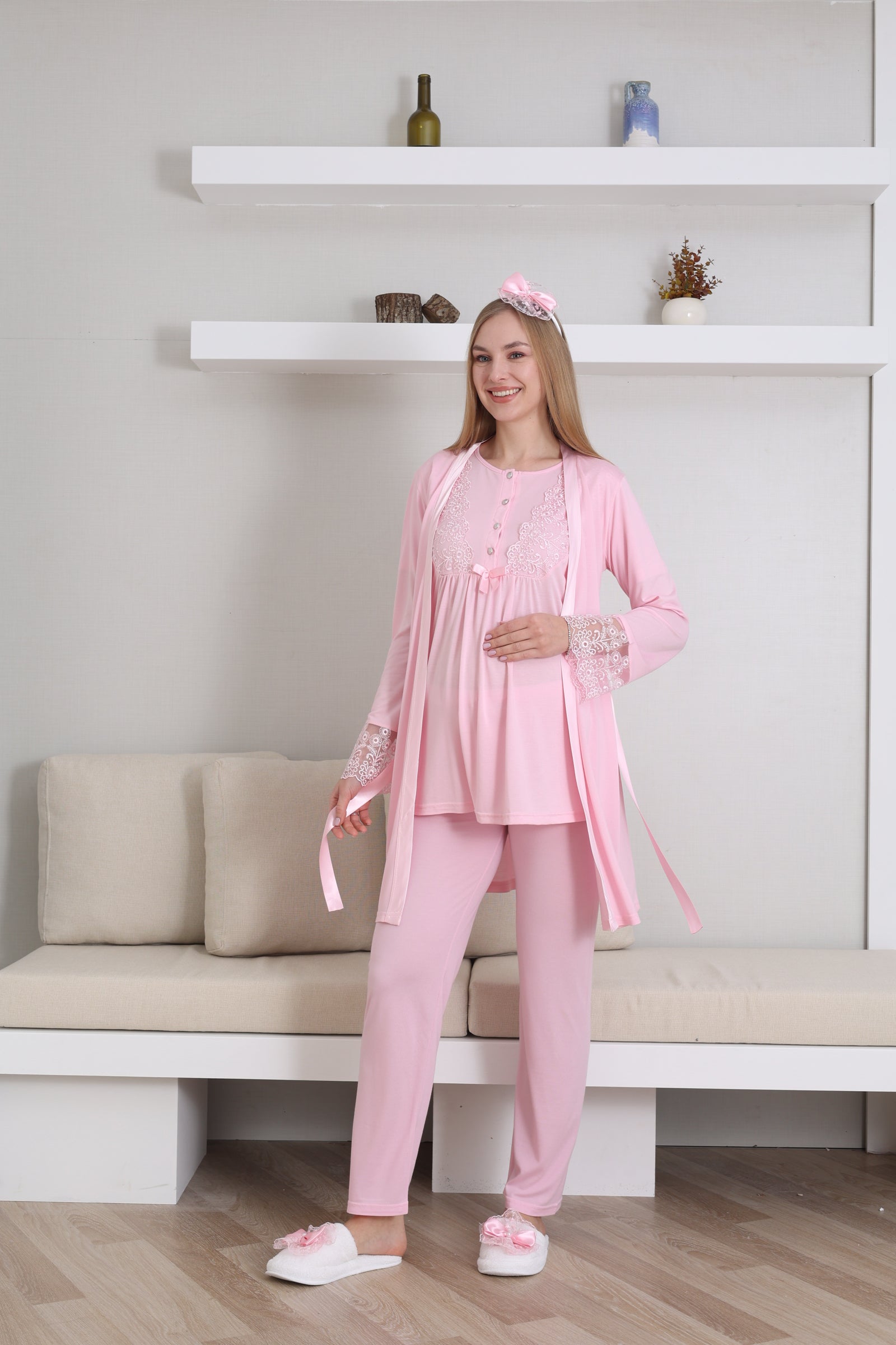 Lace Sleeve 3-Piece Maternity-Nursing Pajama & Robe Set Pink - 3434