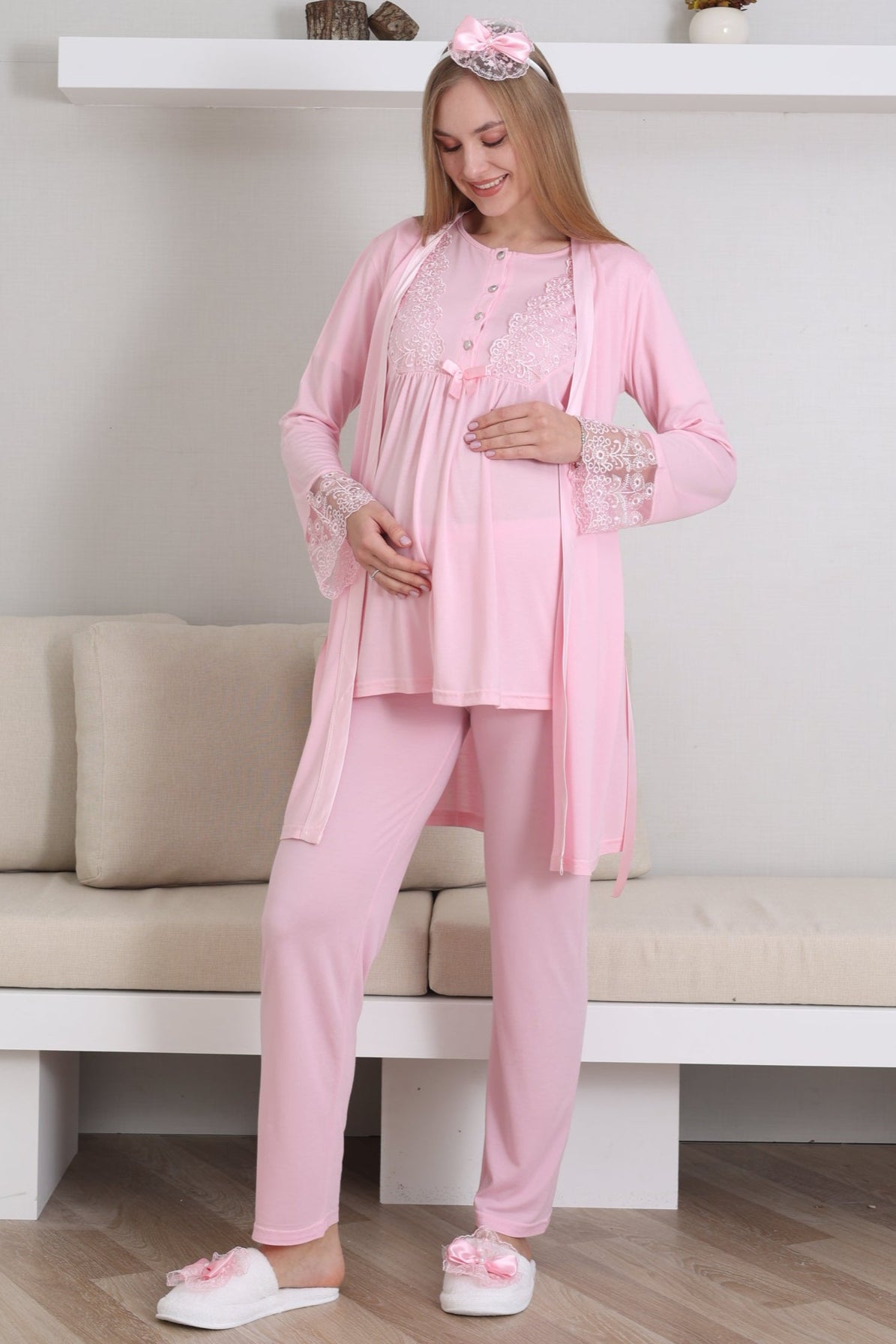 Lace Sleeve 3-Piece Maternity-Nursing Pajama & Robe Set Pink - 3434