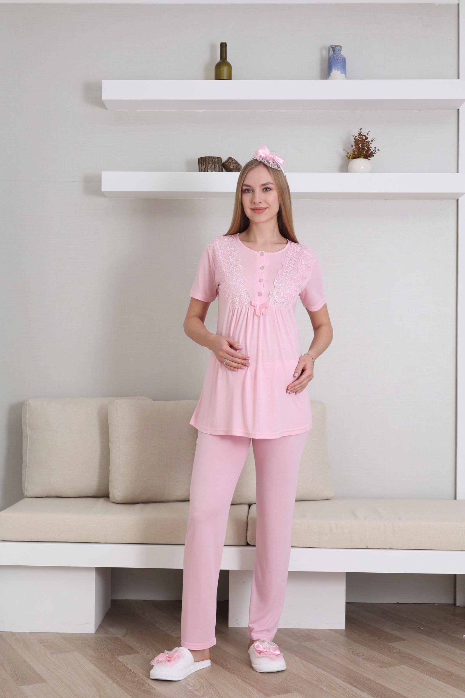 Lace Sleeve 3-Piece Maternity-Nursing Pajama & Robe Set Pink - 3434