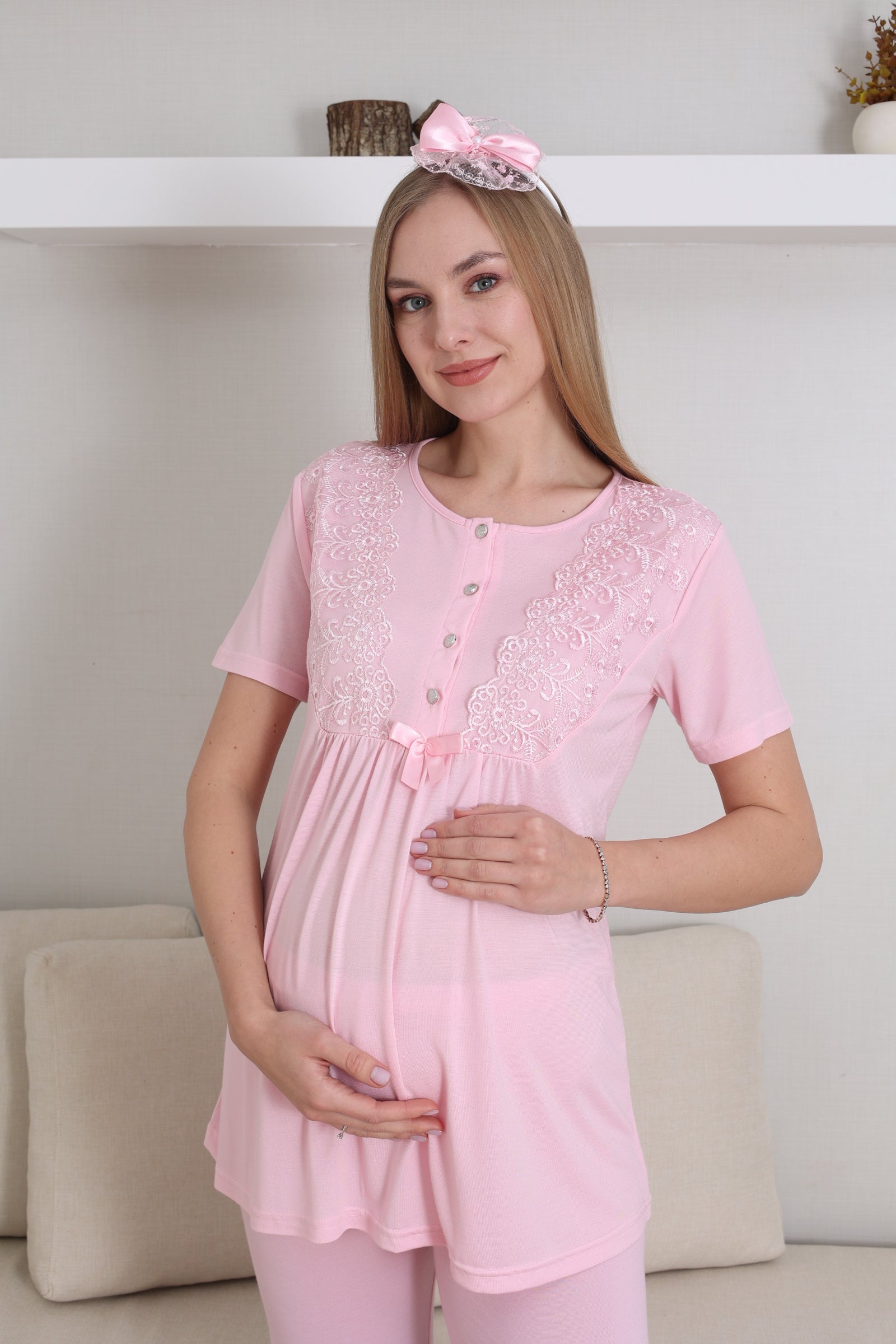 Lace Sleeve 3-Piece Maternity-Nursing Pajama & Robe Set Pink - 3434