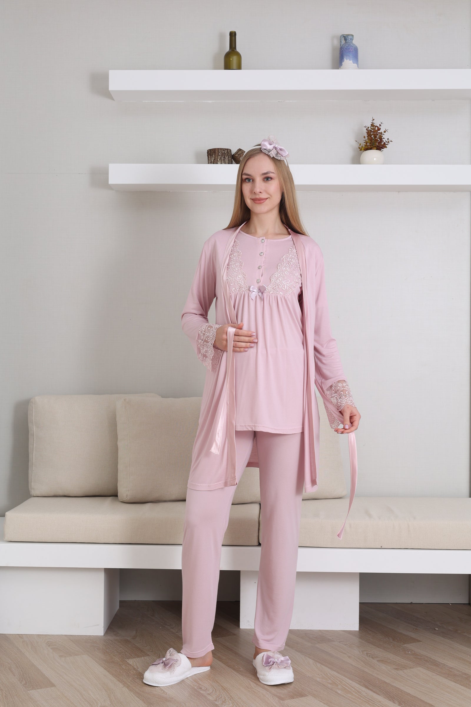 Lace Sleeve 3-Piece Maternity-Nursing Pajama & Robe Set Powder - 3434