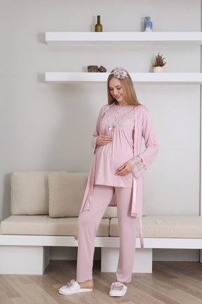 Lace Sleeve 3-Piece Maternity-Nursing Pajama & Robe Set Powder - 3434