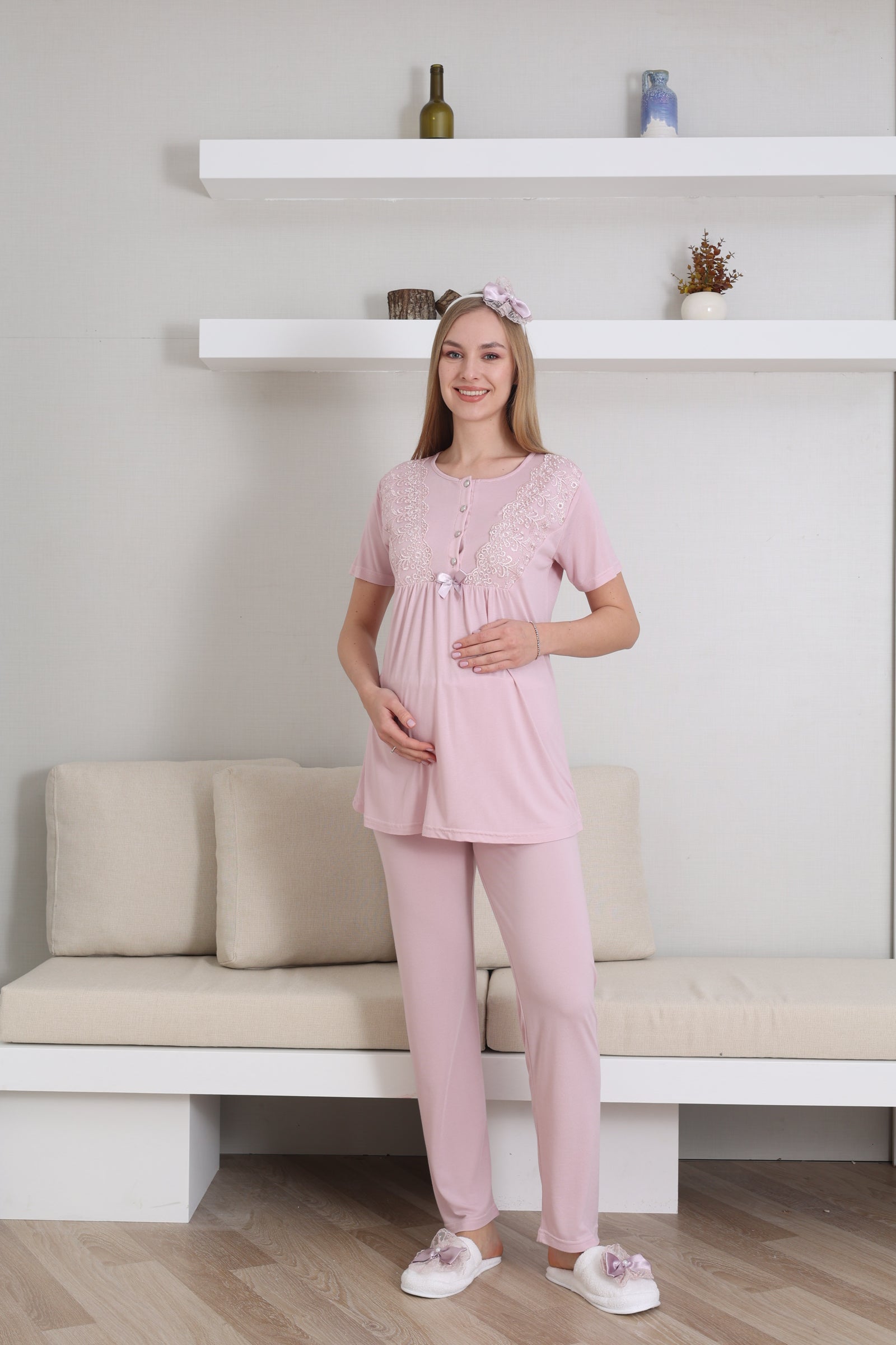 Lace Sleeve 3-Piece Maternity-Nursing Pajama & Robe Set Powder - 3434