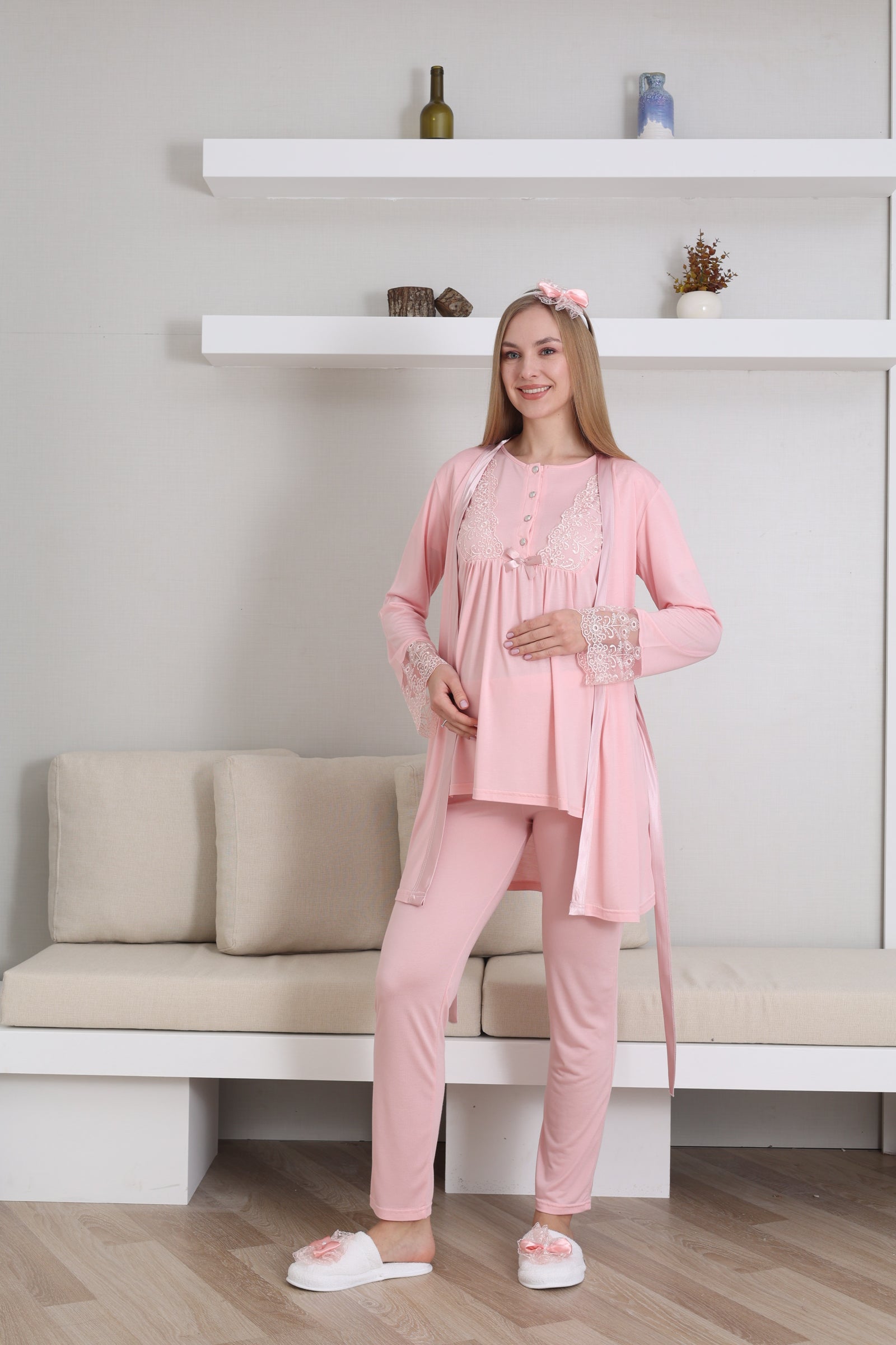 Lace Sleeve 3-Piece Maternity-Nursing Pajama & Robe Set Salmon - 3434