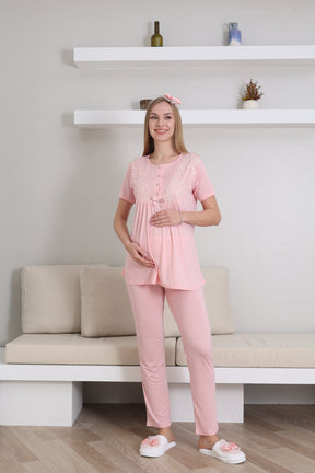 Lace Sleeve 3-Piece Maternity-Nursing Pajama & Robe Set Salmon - 3434