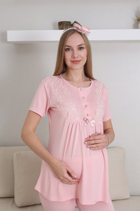 Lace Sleeve 3-Piece Maternity-Nursing Pajama & Robe Set Salmon - 3434