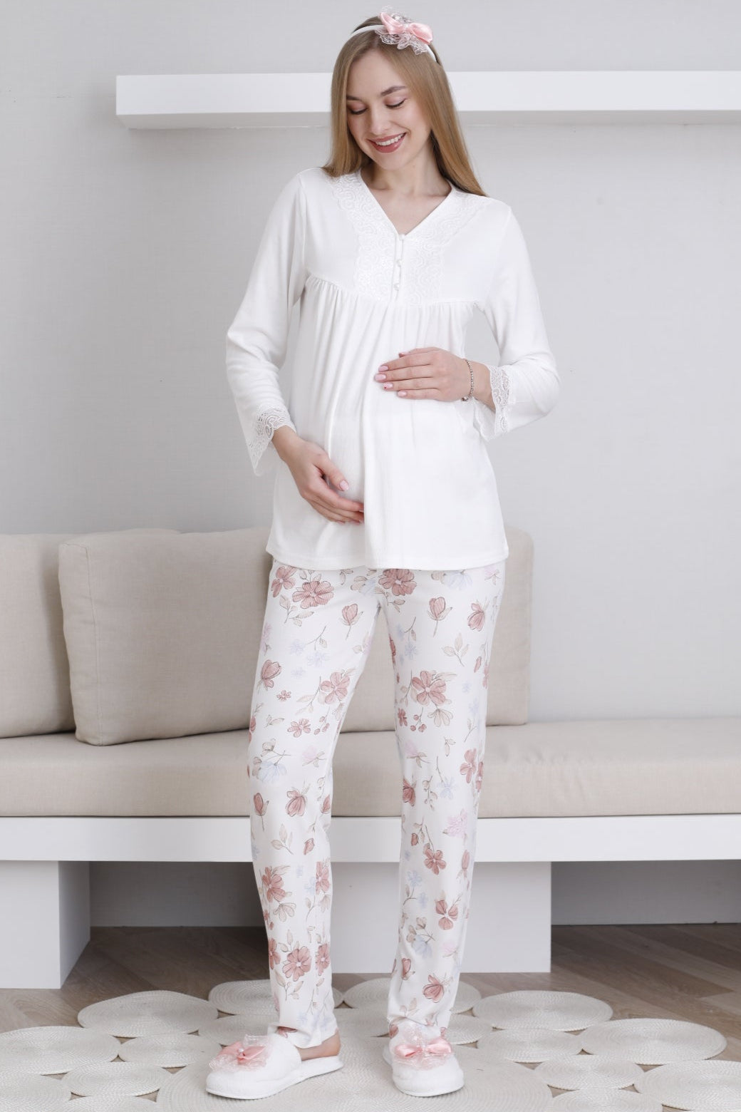 Lace Collar Maternity & Nursing Pajama Set Ecru - 1173