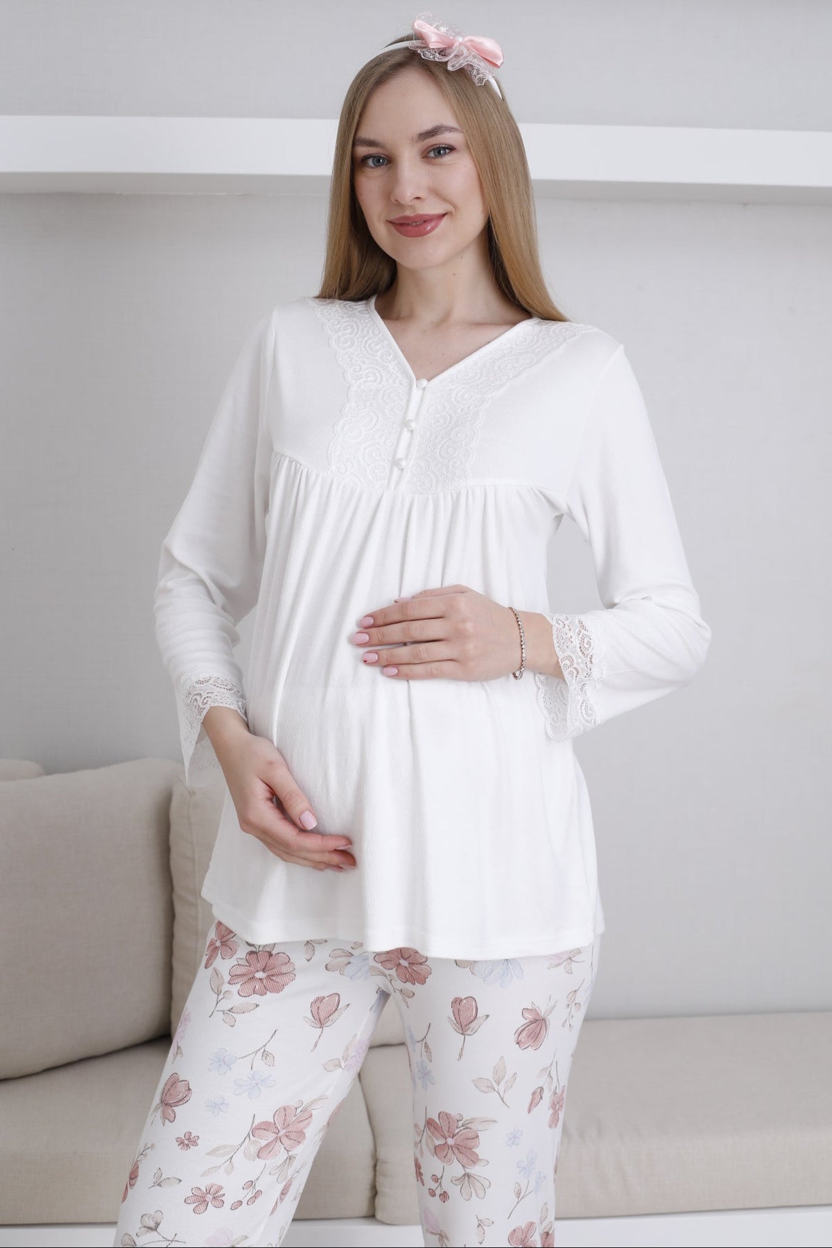 Lace Collar Maternity & Nursing Pajama Set Ecru - 1173