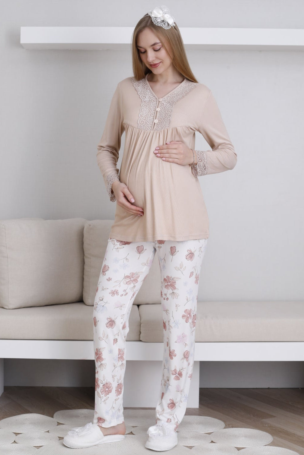 Lace Collar Maternity & Nursing Pajama Set Mink - 1173