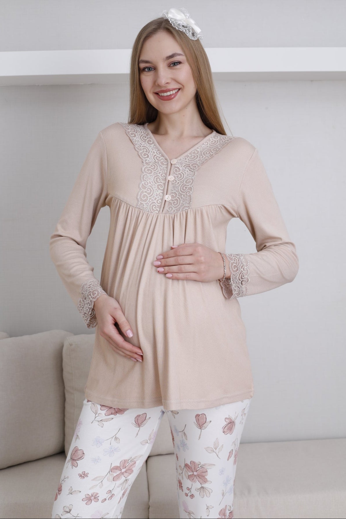 Lace Collar Maternity & Nursing Pajama Set Mink - 1173