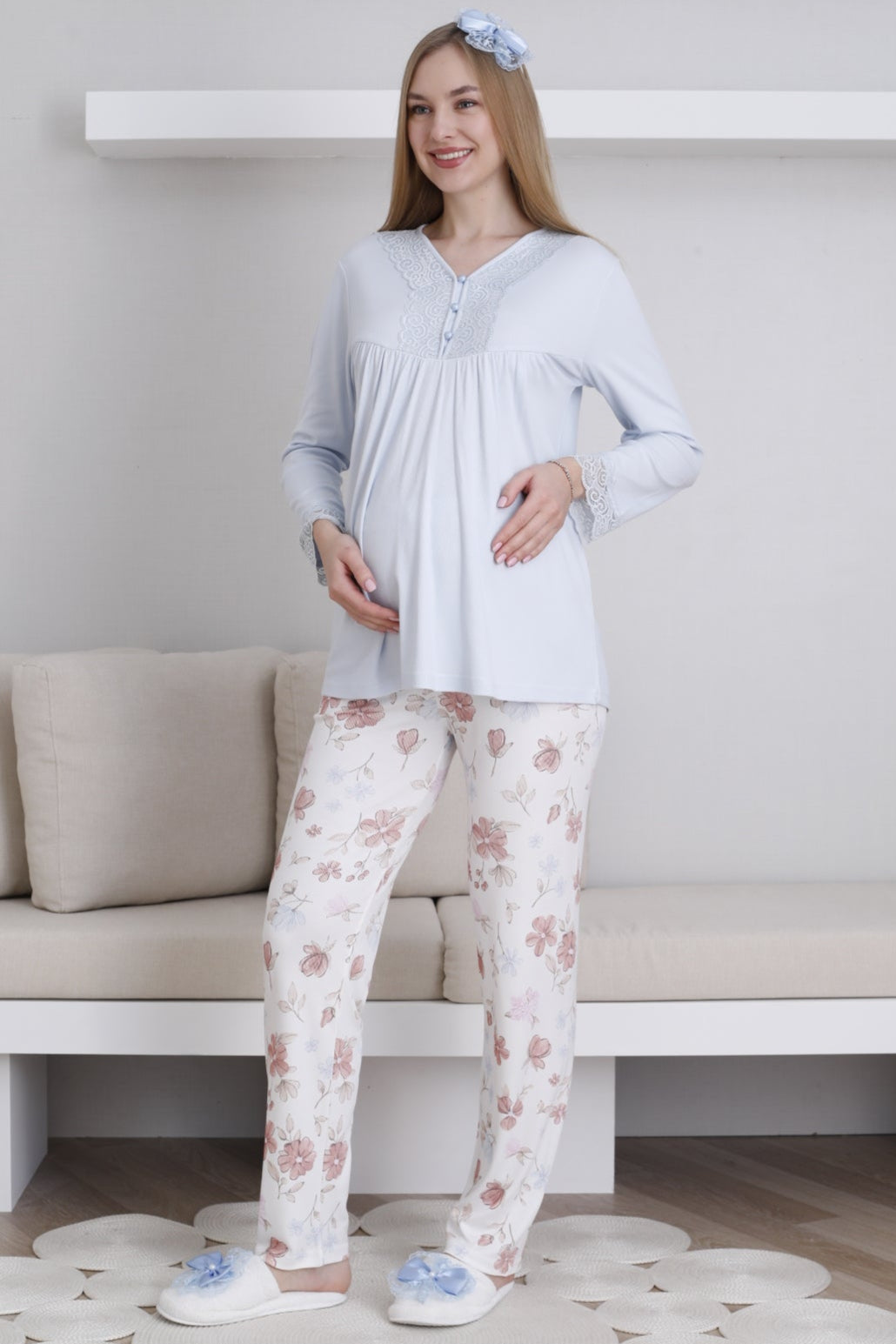 Lace Collar Maternity & Nursing Pajama Set Blue - 1173