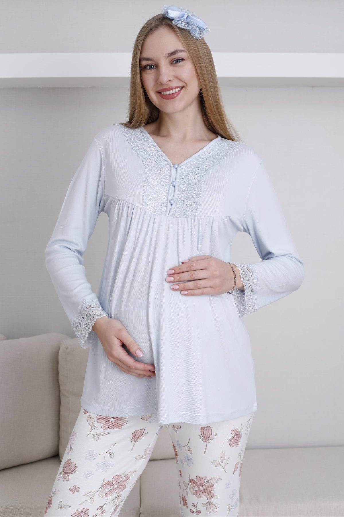 Lace Collar Maternity & Nursing Pajama Set Blue - 1173