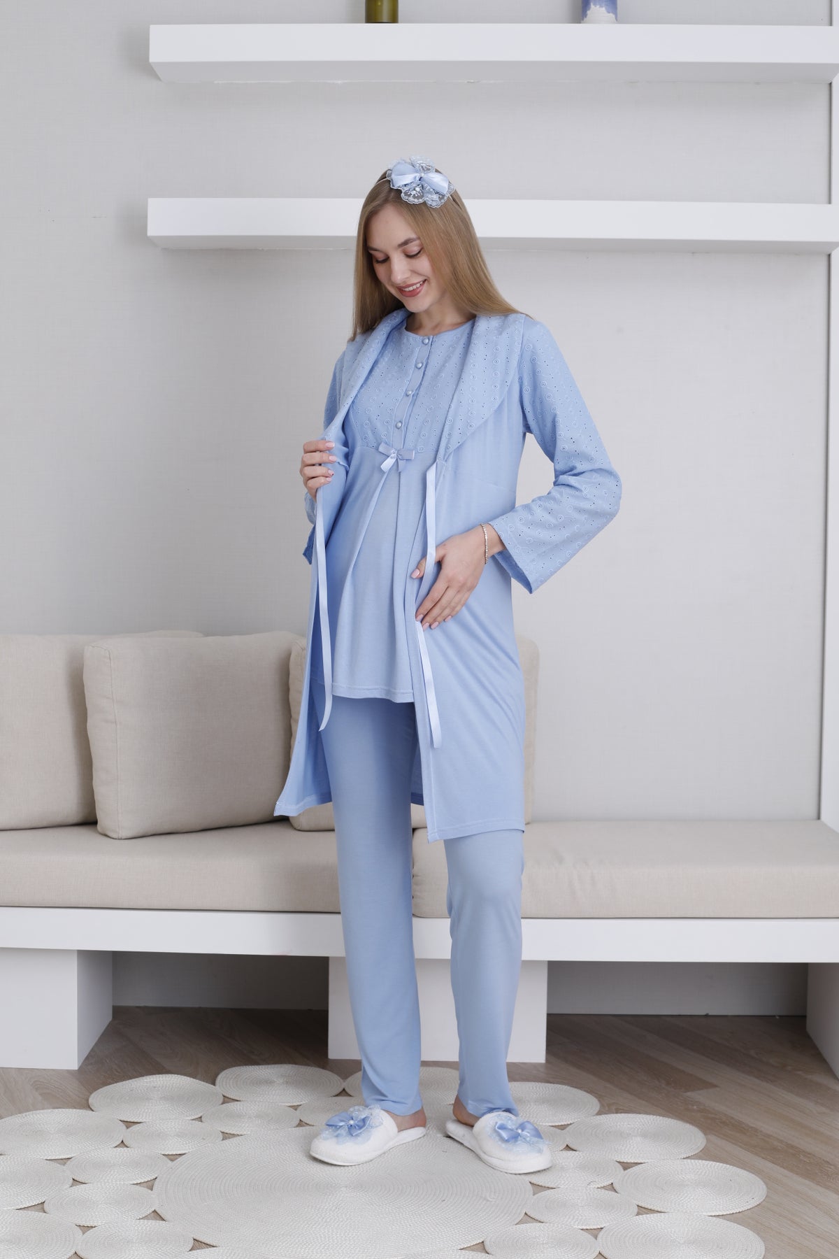 Embroidered 3-Piece Maternity-Nursing Pajama & Robe Set Blue - 3438