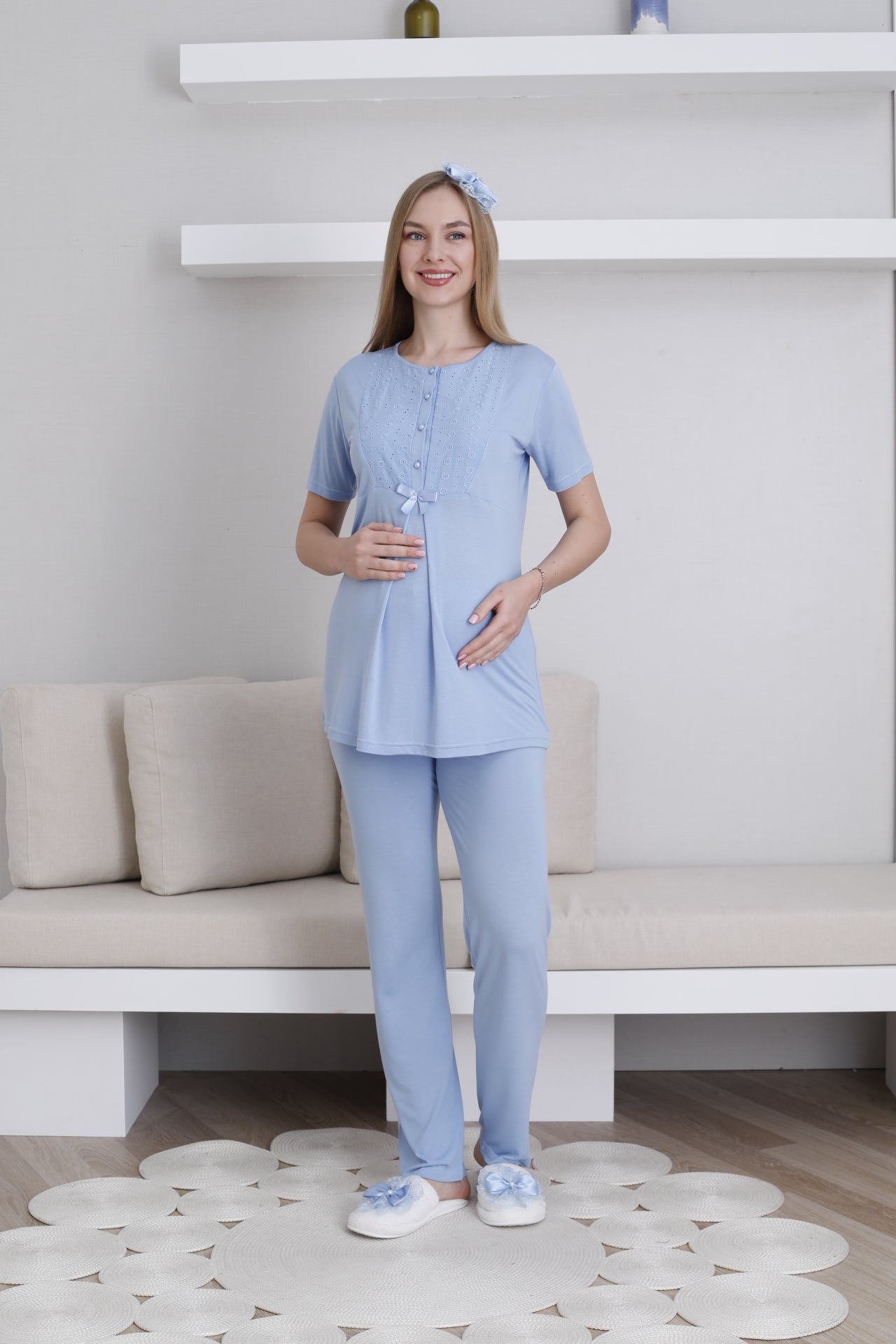 Embroidered 3-Piece Maternity-Nursing Pajama & Robe Set Blue - 3438