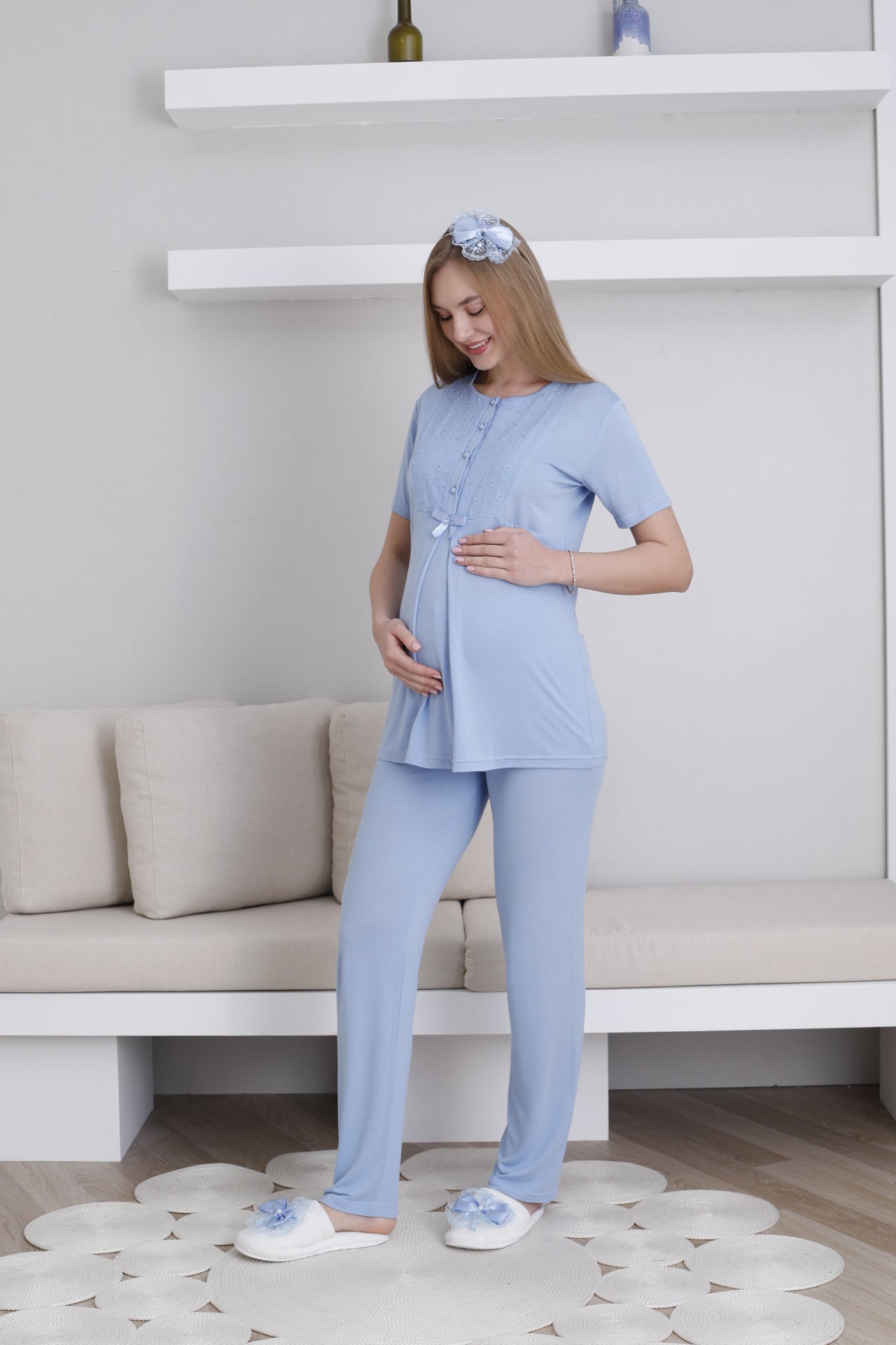 Embroidered 3-Piece Maternity-Nursing Pajama & Robe Set Blue - 3438