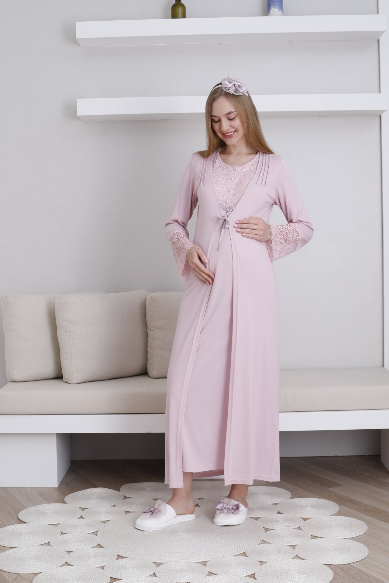 Lace Collar Maternity-Nursing Nightgown & Lace Sleeve Robe Set Powder - 2291