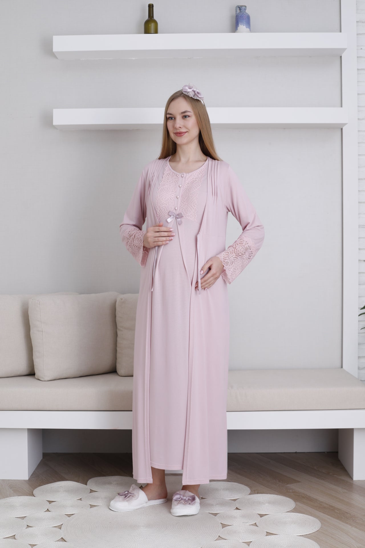 Lace Collar Maternity-Nursing Nightgown & Lace Sleeve Robe Set Powder - 2291