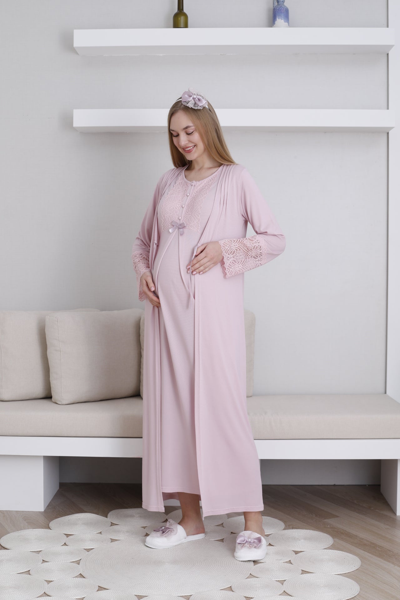 Lace Collar Maternity-Nursing Nightgown & Lace Sleeve Robe Set Powder - 2291