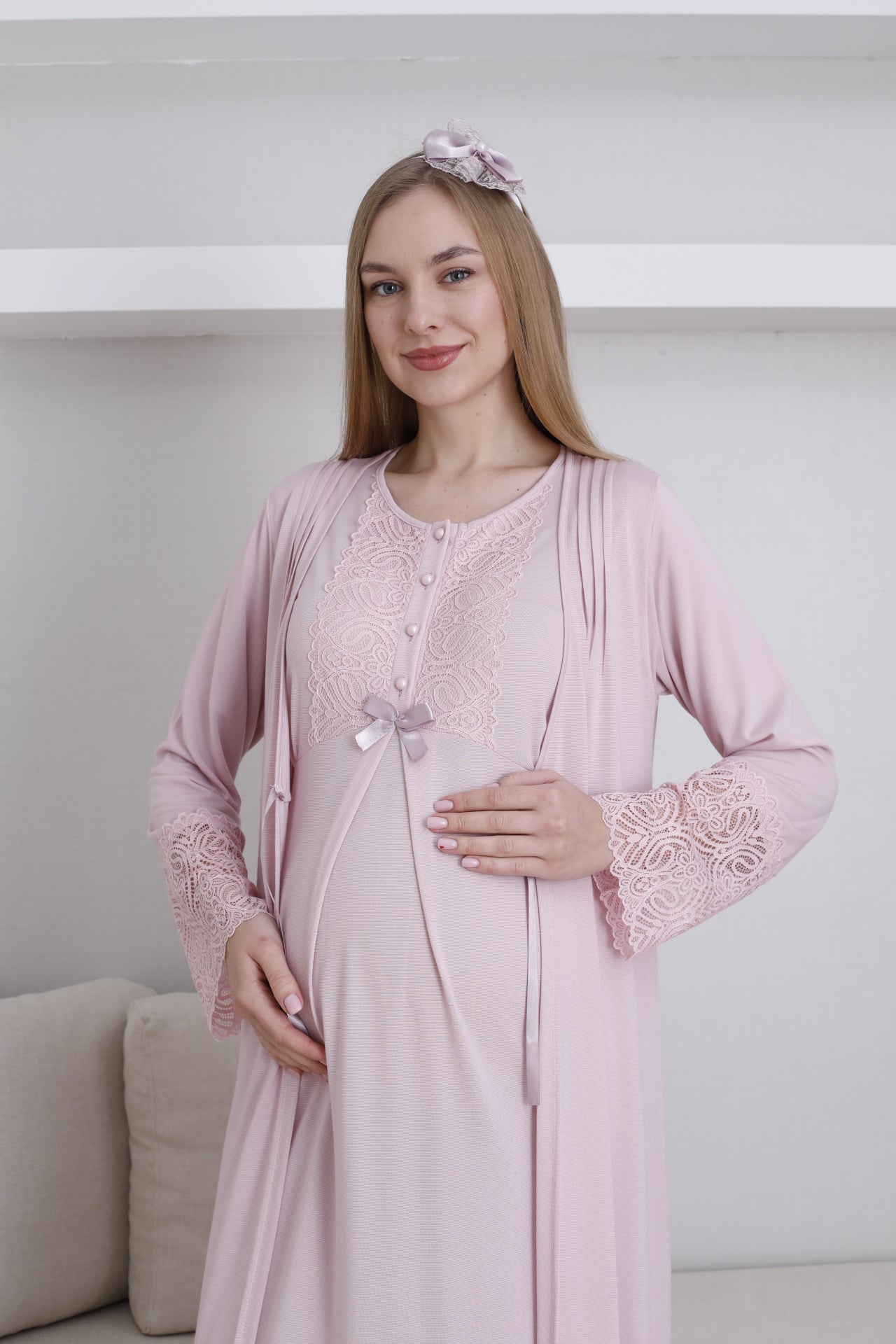 Lace Collar Maternity-Nursing Nightgown & Lace Sleeve Robe Set Powder - 2291