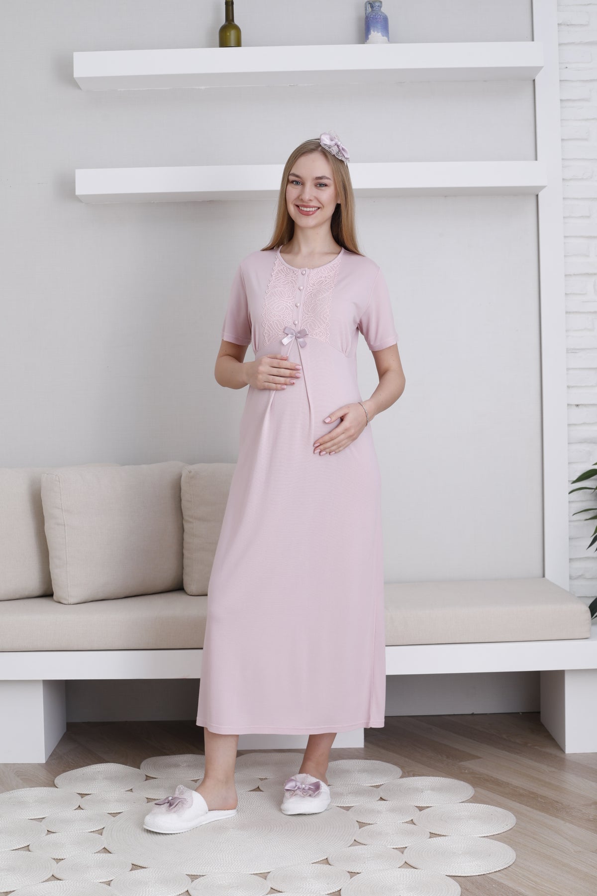 Lace Collar Maternity-Nursing Nightgown & Lace Sleeve Robe Set Powder - 2291