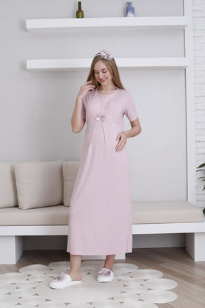 Lace Collar Maternity-Nursing Nightgown & Lace Sleeve Robe Set Powder - 2291