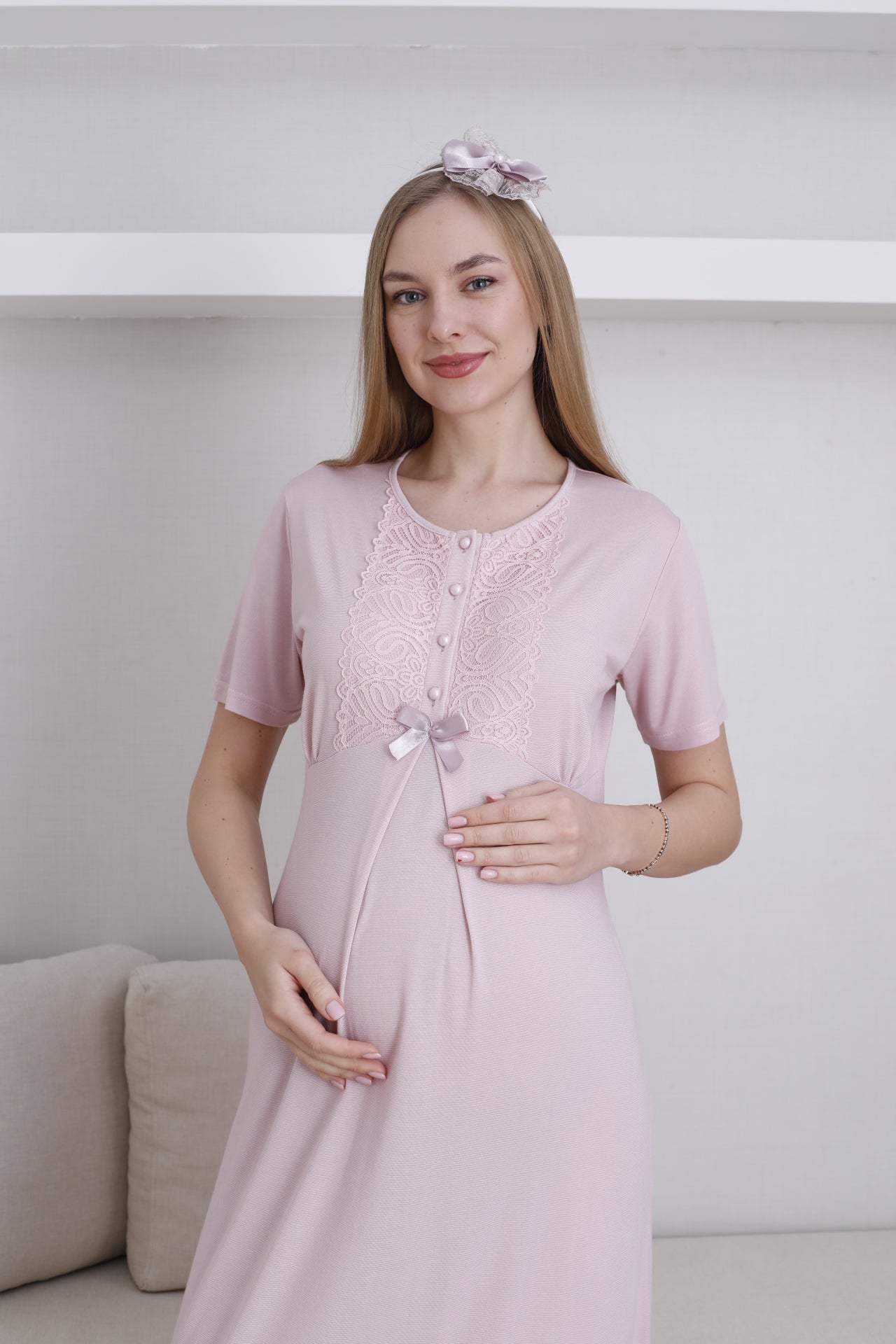 Lace Collar Maternity-Nursing Nightgown & Lace Sleeve Robe Set Powder - 2291