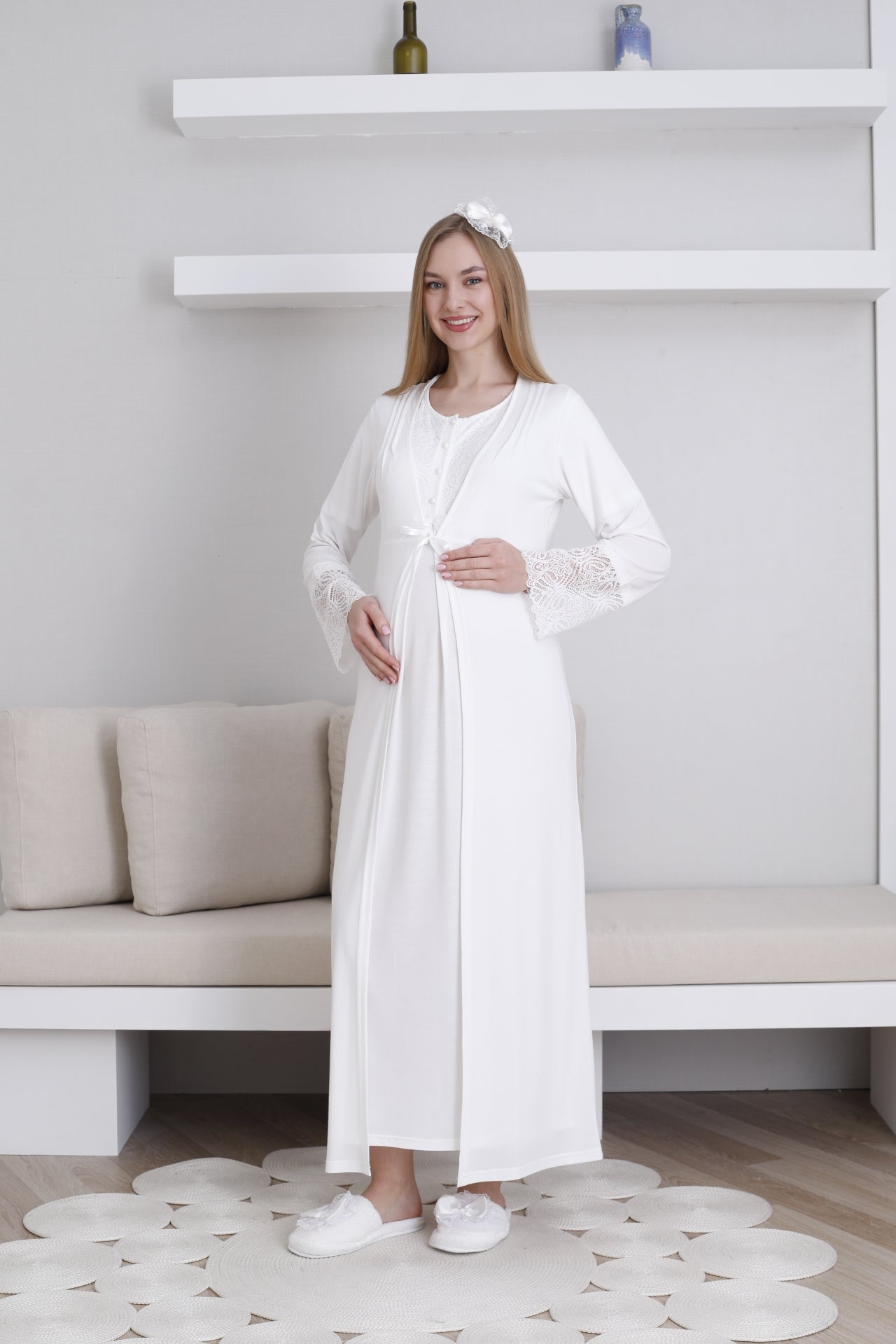 Lace Collar Maternity-Nursing Nightgown & Lace Sleeve Robe Set Ecru - 2291