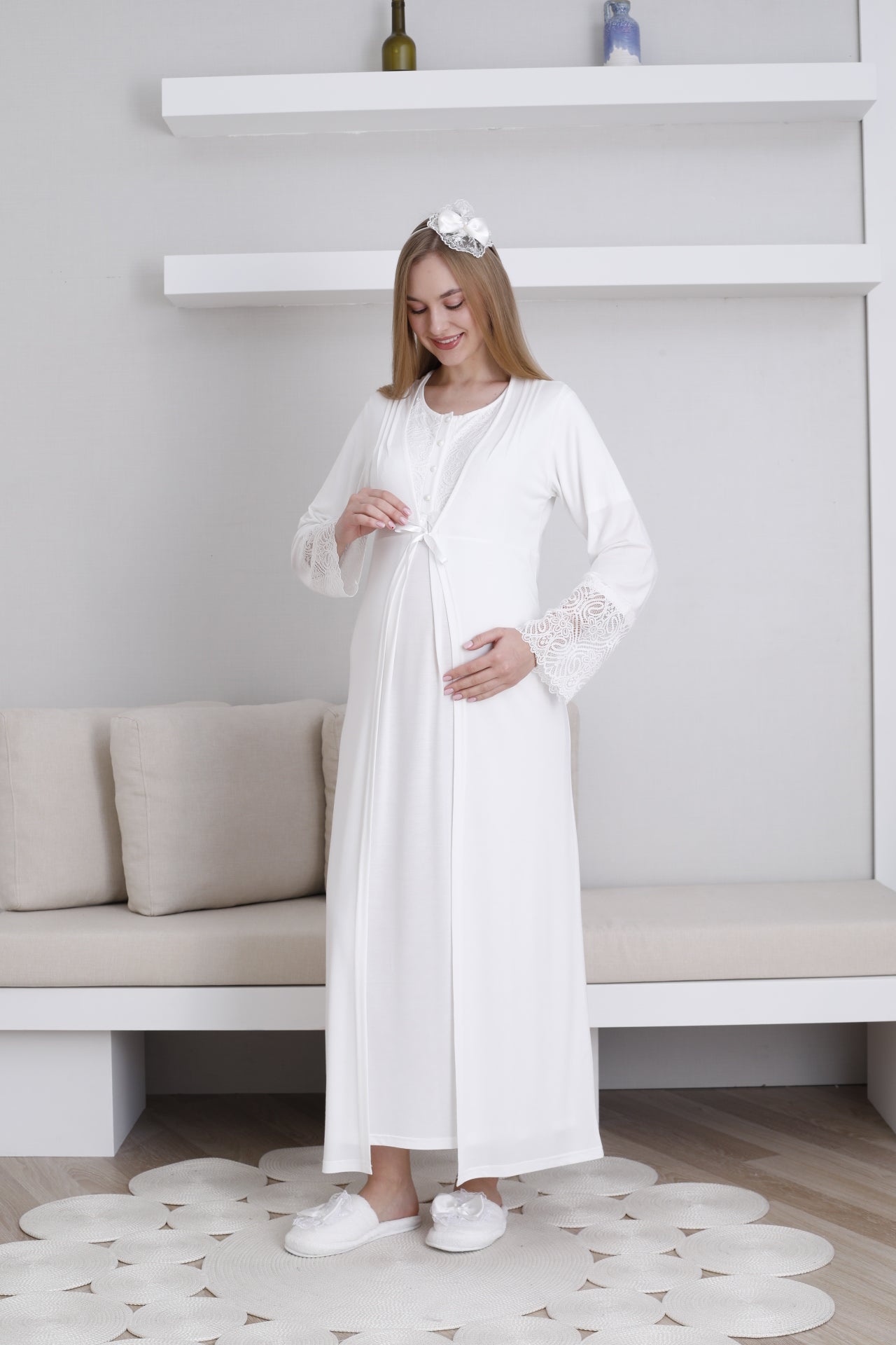 Lace Collar Maternity-Nursing Nightgown & Lace Sleeve Robe Set Ecru - 2291