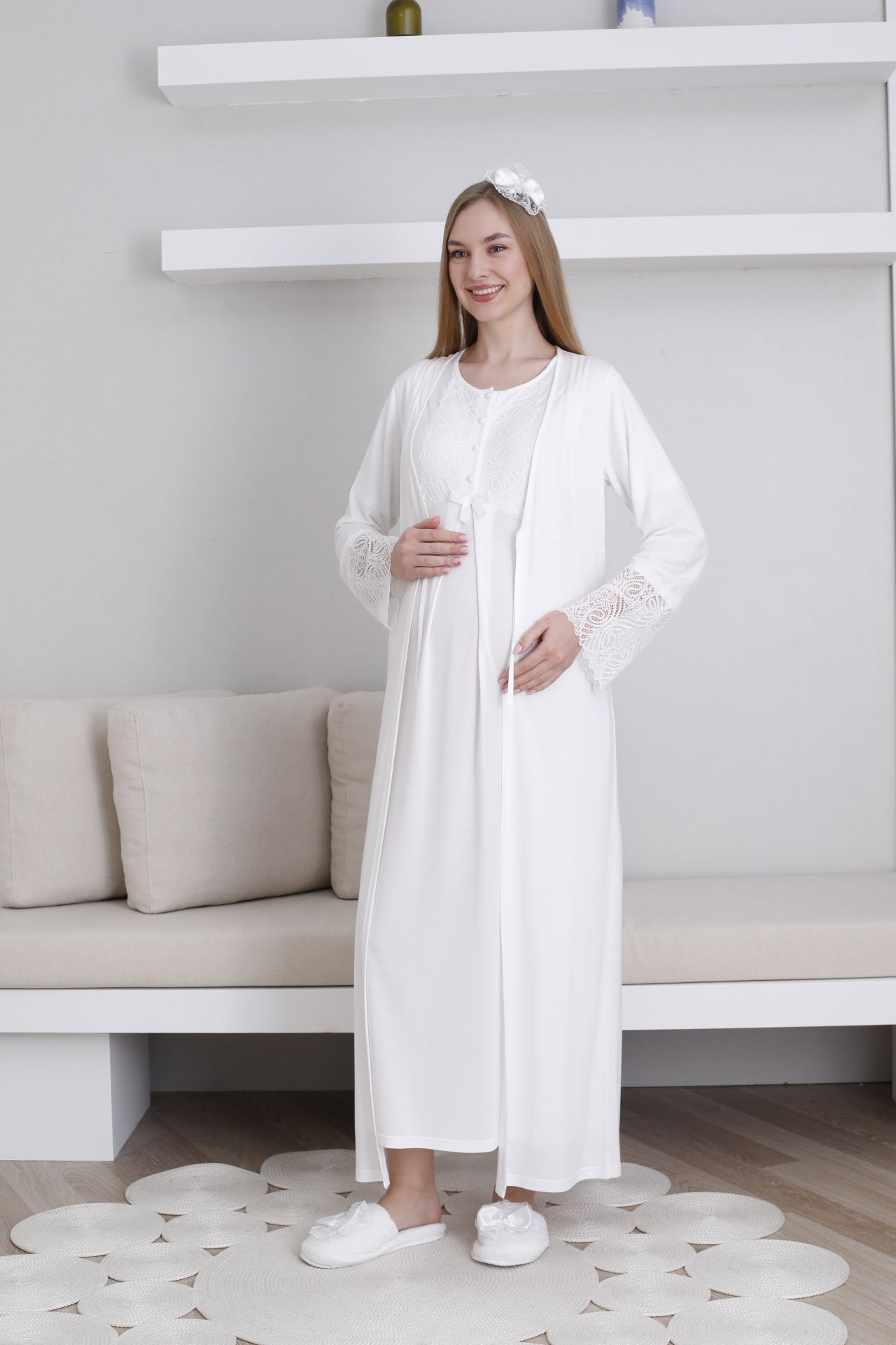 Lace Collar Maternity-Nursing Nightgown & Lace Sleeve Robe Set Ecru - 2291