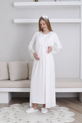 Lace Collar Maternity-Nursing Nightgown & Lace Sleeve Robe Set Ecru - 2291