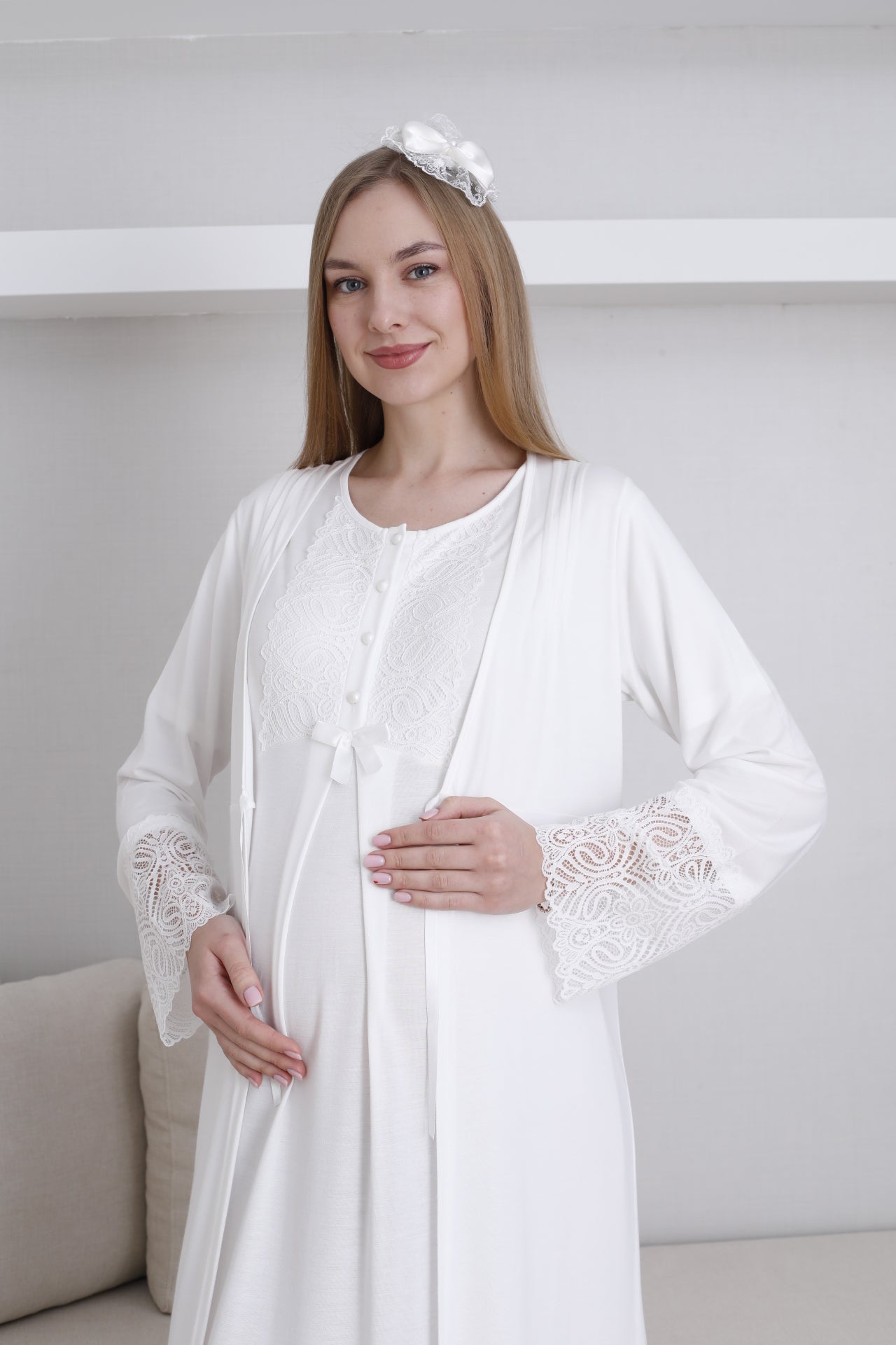 Lace Collar Maternity-Nursing Nightgown & Lace Sleeve Robe Set Ecru - 2291